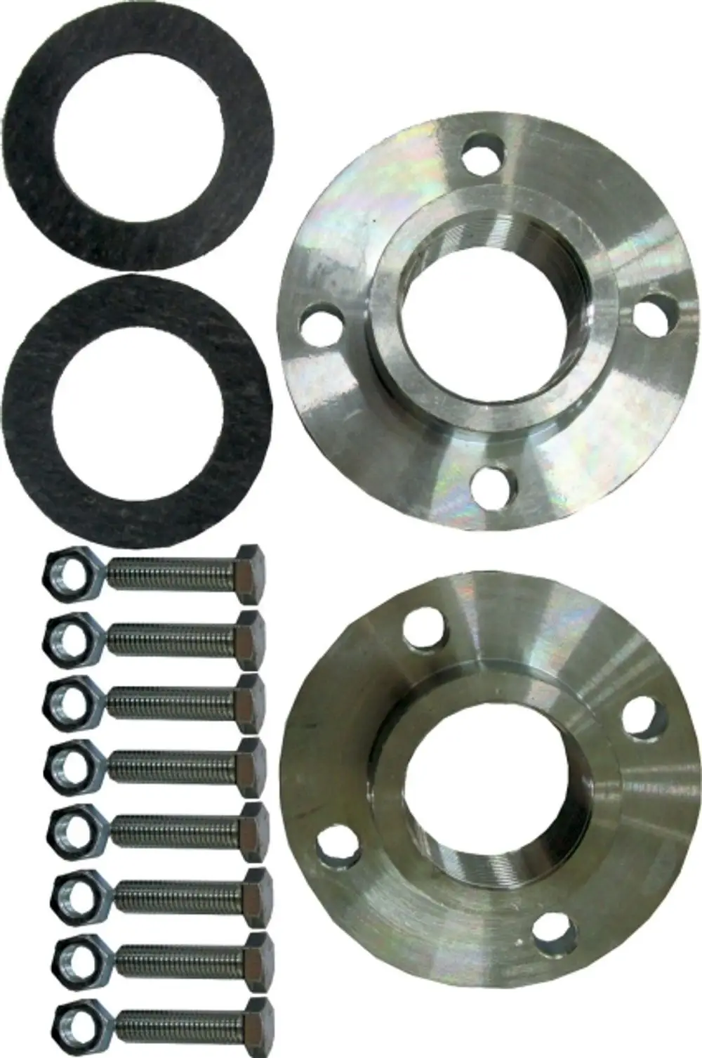 Flanschset mit zwei Metallflanschen, Dichtungen und Schrauben, geeignet für die Montage mit Wolf Produkten.
